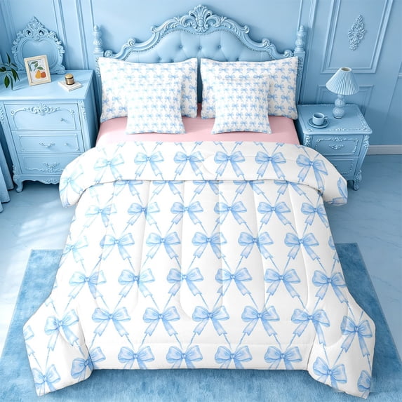 meiyoeat Blue Bowknot 7Pcs Queen Bedding For Kids Girls,Cute Ribbon Bows Bedding Comforter Set Queen For Bowtie Lovers,Reversible