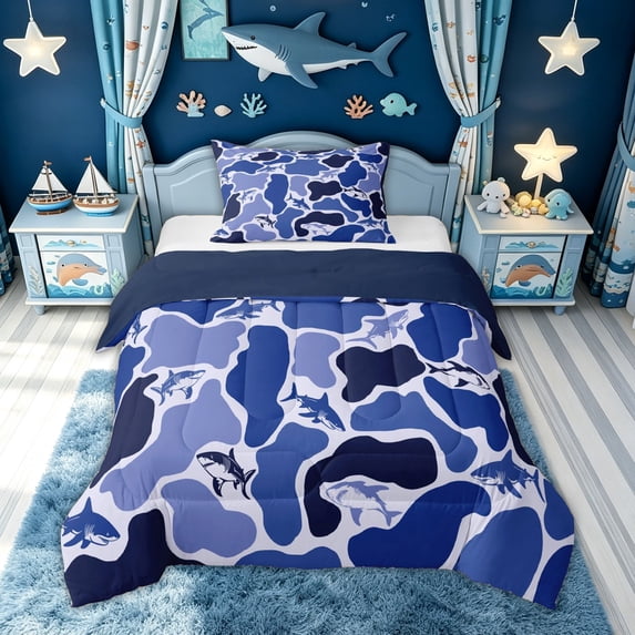 meiyoeat Blue Camouflage Shark Ocean Wildlife Twin Comforter Sets for Boys Girls, Underwater Marine Animal Fishing Bedding Set, Blue Reversible, 2-Piece, 1 Comforter and 1 Pillowcase