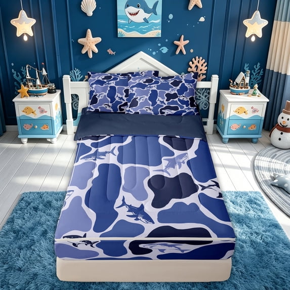 meiyoeat Blue Camouflage Shark Ocean Wildlife Zipper Twin Comforter Sets with Fitted Sheet and 2 Pillowcases, Underwater Marine Animal Fishing Zipper Bedding Set, Blue Reversible, 4-Piece