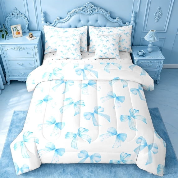 meiyoeat Blue Coquette Bows 7 Pieces Full Size Bedding Sets For Girls,Dreamy Princess Bowknot Full Size Bed in a Bag For Kids,Reversible