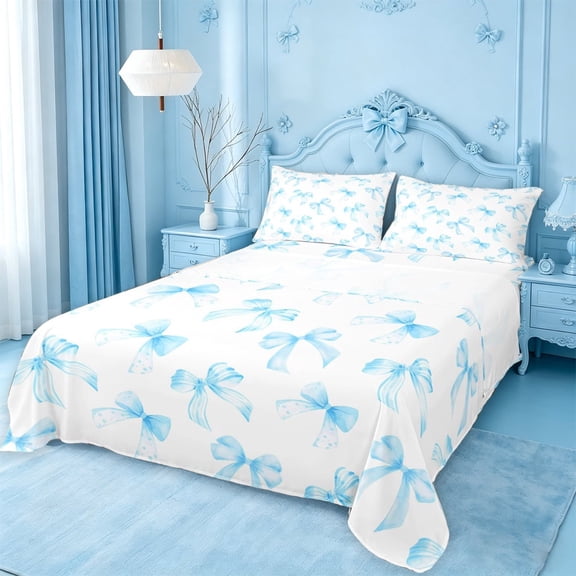 meiyoeat Blue Coquette Bows Bed Sheets For Girls,Dreamy Princess Bowknot Full Size Sheets For Kids,4pcs