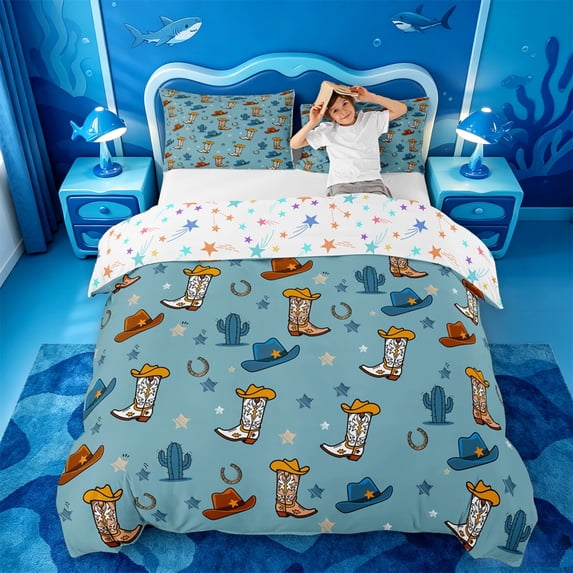meiyoeat Blue Cowboy Cactus Bedding For Boys,Western Animal Pattern Duvet Cover Full,Reversible,3-Piece,1 Duvet Cover and 2 Pillowcases