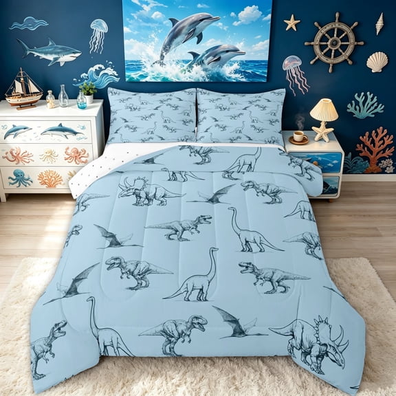 meiyoeat Blue Dinosaur Wildlife Full Size Comforter Sets for Boys Girls, Simple Line Animal Bedding Comforter Set, Blue, Reversible, 3-Piece, 1 Comforter and 2 Pillowcases