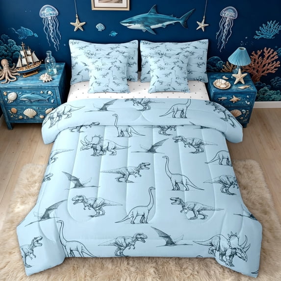 meiyoeat Blue Dinosaur Wildlife Twin Bedding for Boys Girls, Simple Line Animal Bedding Comforter Set, Blue, Reversible, 7-Piece