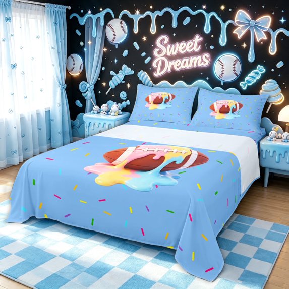 meiyoeat Blue Football Ice Cream Bed Sheets for Boys, Sprinkle Ball Sport Full Size Sheets, 4-Piece, 1 Flat Sheet, 1 Fitted Sheet and 2 Pillowcases