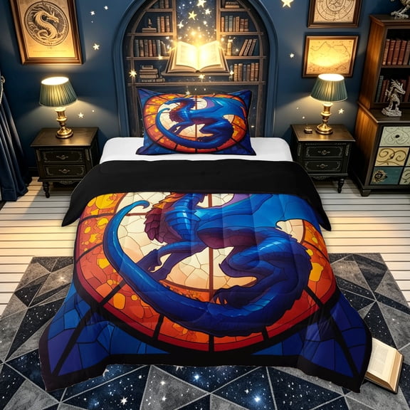 meiyoeat Blue Glass Dragon Twin Comforter Sets for Boys Girls Kids, Church Art Wildlife Bedding Set, Blue Orange, Black Reversible, 2 Pieces, 1 Comforter and 1 Pillowcase