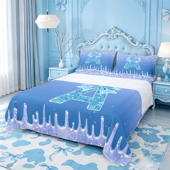 meiyoeat Blue Glitter Bow Monogram A Print Bed Sheets,Chic Ice Drip Initial Full Size Sheets For Girl,4-Piece,1 Flat Sheet,1 Fitted Sheet and 2 Pillowcases