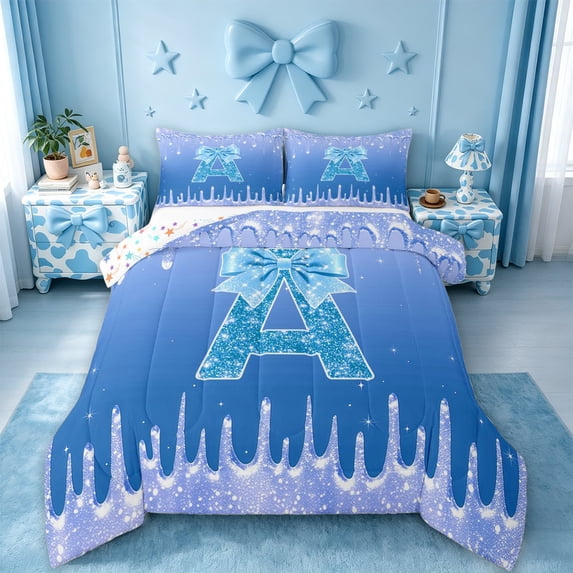meiyoeat Blue Glitter Bow Monogram A Print Full Size Comforter Sets,Chic Ice Drip Initial Bedding Comforter Set For Girl,Colorful Stars Reversible,3-Piece,1 Comforter and 2 Pillowcases