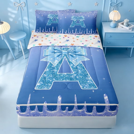 meiyoeat Blue Glitter Bow Monogram A Print Zipper Twin Comforter Sets with Fitted Sheet and 2 Pillowcases,Chic Ice Drip Initial Zipper Bedding Set For Girl,Colorful Stars Reversible,4-Piece