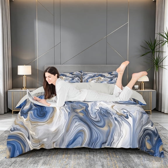 meiyoeat Blue Gold Marble Duvet Cover Queen For Kids,Fluid Swirl Design Queen Bedding For Adults,Light Gray Reversible,3pcs(No Comforter)