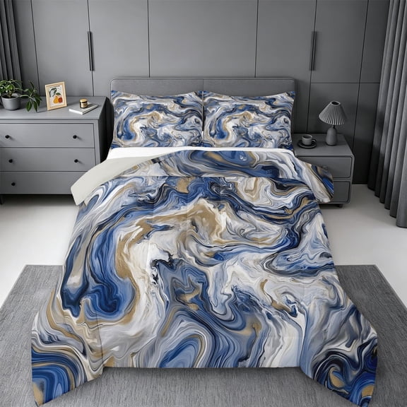 meiyoeat Blue Gold Marble Queen Comforter Set For Kids,Fluid Swirl Design Comforter Sets Queen For Adults,Light Gray Reversible,3pcs