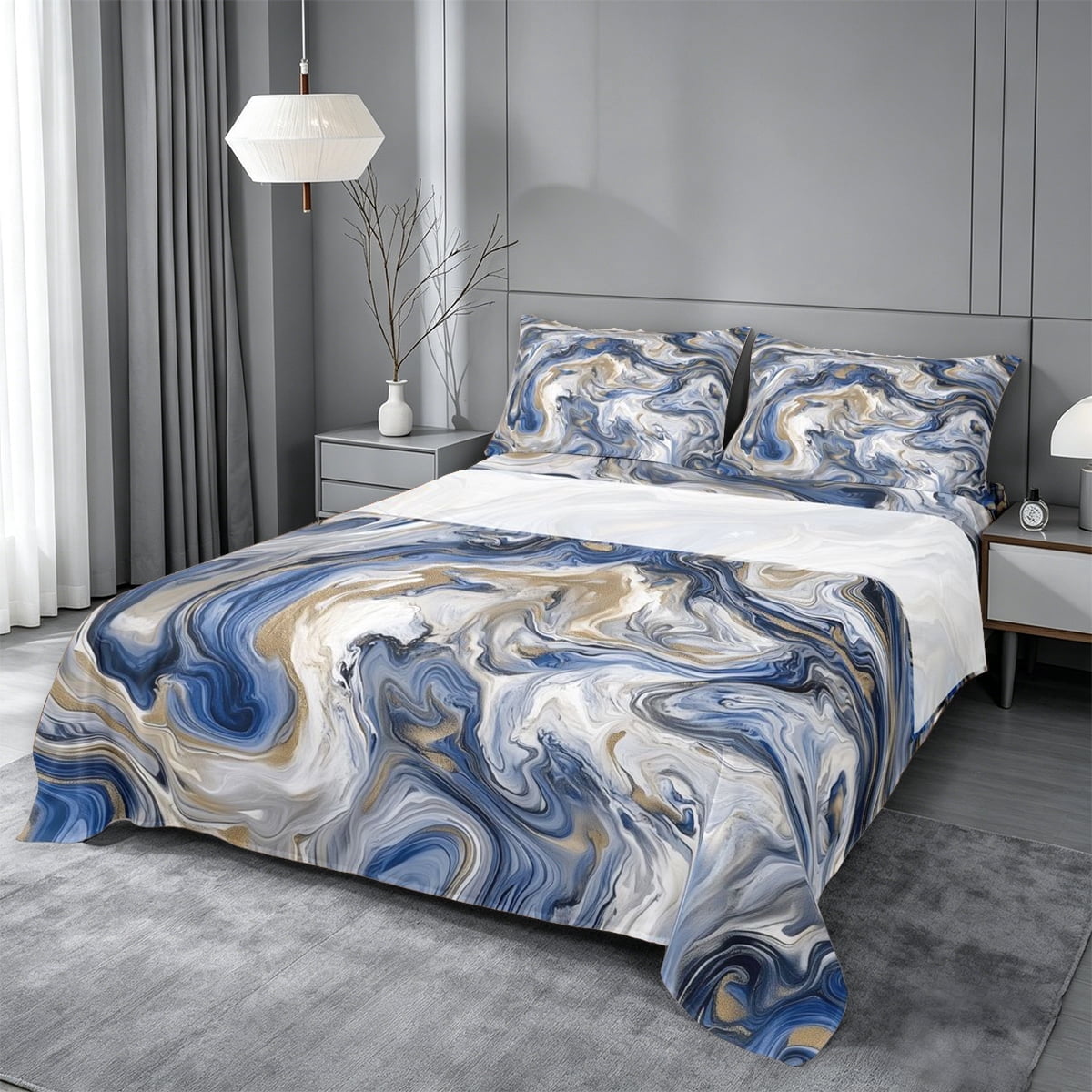meiyoeat Blue Gold Marble Queen Sheets For Kids,Fluid Swirl Design Queen Sheet Sets For Adults,4pcs