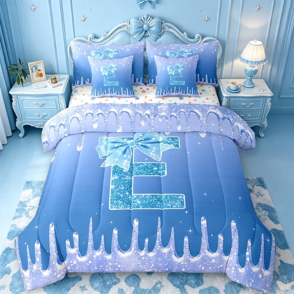 meiyoeat Blue Ice Initial E 7-Piece Twin Bedding,Cute Bow Sparkle Print Monogram Art Bedding Comforter Set For Girl,Colorful Stars Reversible