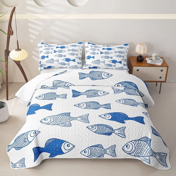 meiyoeat Blue Line Art Simple Fish Twin Quilt Set for Boys Girls, Ink Marine Animal Twin Coverlet Set, 2pcs