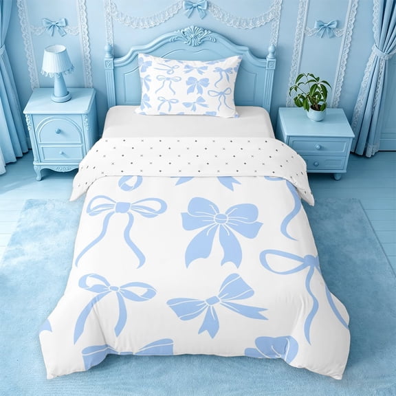 meiyoeat Blue Lovely Bow Twin Duvet Cover For Girls,Dreamy Princess Bowknot Twin Bedding For Kids,Reversible,2pcs(No Comforter)