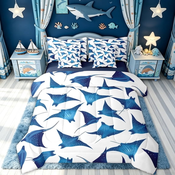meiyoeat Blue Ocean Manta Ray Full Size Bedding Sets for Men Boys, Cartoon Sky Animal Full Size Bed in a Bag, Blue Reversible, 7 Pieces