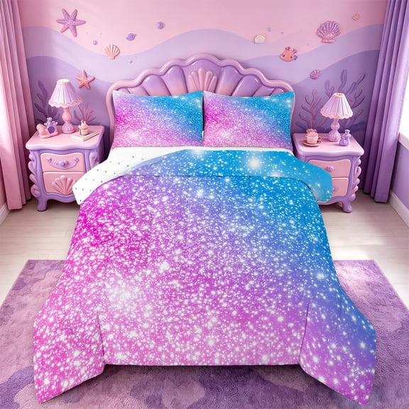 meiyoeat Blue Pink Glitter Print Full Size Comforter Sets,Abstract Galaxy Starry Sky Bedding Comforter Set For Girl,Reversible,3-Piece,1 Comforter and 2 Pillowcases