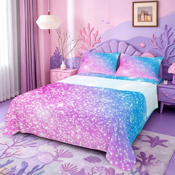 meiyoeat Blue Pink Glitter Print King Sheets,Abstract Galaxy Starry Sky Bedding For Girl,4Pcs,1 Flat Sheet,1 Fitted Sheet And 2 Pillowcases