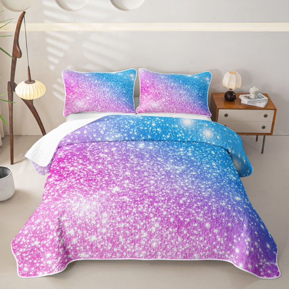 meiyoeat Blue Pink Glitter Print Twin Quilt Set,Abstract Galaxy Starry Sky Twin Coverlet Set For Girl,2-Piece
