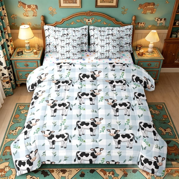 meiyoeat Blue Plaid Farm Cow 7-Piece Twin Bedding,Cute Animal Print Bedding Comforter Set For Girl,Reversible