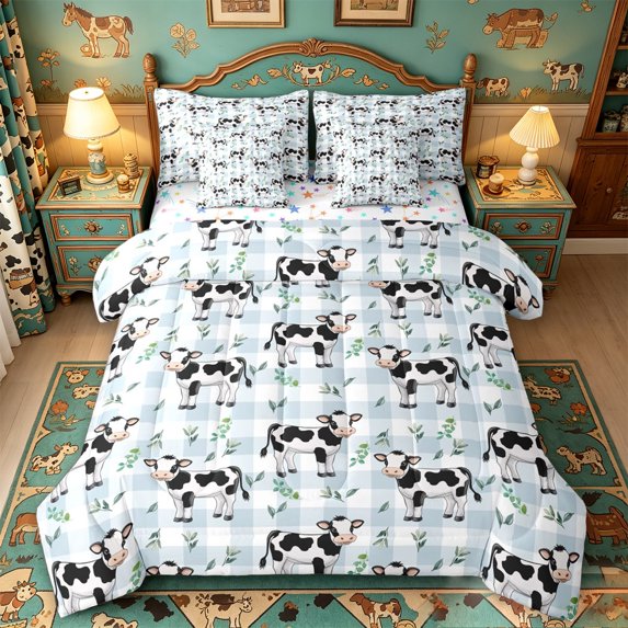 meiyoeat Blue Plaid Farm Cow 7-Piece Twin Bedding,Cute Animal Print Bedding Comforter Set For Girl,Reversible