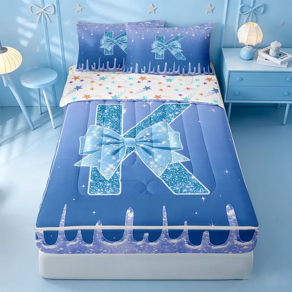 meiyoeat Blue Princess Bow Zipper Full Size Comforter Sets With Fitted Sheet And 2 Pillowcases,Blue Glitter Print Monogrammed K Letter Zipper Bedding Set For Girl,Colorful Stars Reversible,4 Pieces