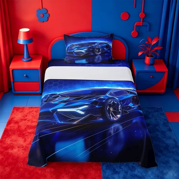 meiyoeat Blue Racing Car Twin Sheets For Boys Kids,Outdoor Extreme Sports Bedding For Speed Games Lovers,3 Pieces