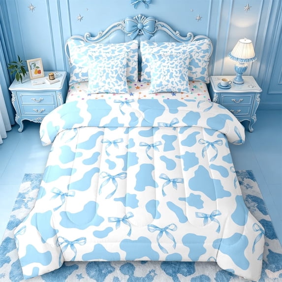 meiyoeat Blue Ribbon Bow 7-Piece Twin Bedding,Cute Cow Print Bedding Comforter Set For Girl,Reversible