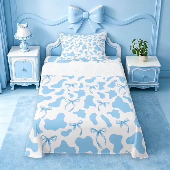 meiyoeat Blue Ribbon Bow Twin Sheets,Cute Cow Print Bedding For Girl,3-Piece,1 Fitted Sheet and 1 Pillowcase