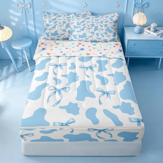 meiyoeat Blue Ribbon Bow Zipper Twin Comforter Sets with Fitted Sheet and 2 Pillowcases,Cute Cow Print Zipper Bedding Set For Girl,Reversible,4 Pieces