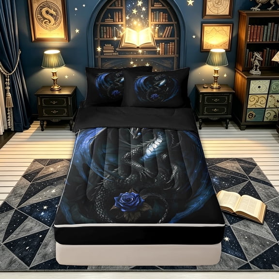 meiyoeat Blue Rose Dragon Zipper Comforter Set with Fitted Sheet and 2 Pillowcases for Men Boys, Starry Sky Animal Zipper Bedding Set, Black Blue, Black Reversible, 3-Piece