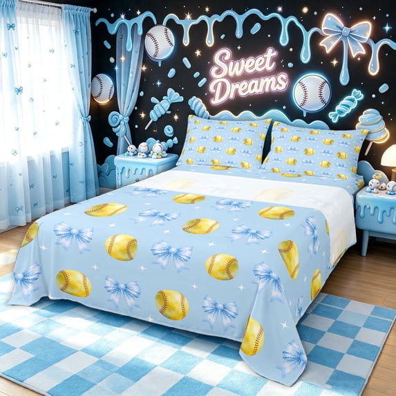 meiyoeat Blue Softball Bow Bed Sheets for Girls, Kawaii Princess Bowknot Full Size Sheets, 4pcs, 1 Flat Sheet, 1 Fitted Sheet and 2 Pillowcases