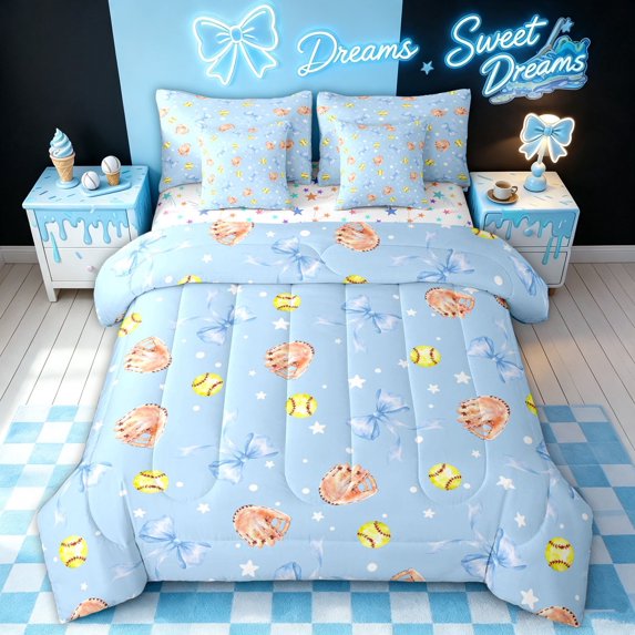 meiyoeat Blue Softball Bow Twin Bedding for Girls, Cute Ball Glove Print Bedding Comforter Set, Star Reversible, 7-Piece