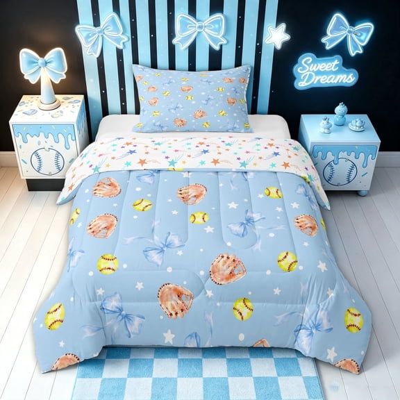 meiyoeat Blue Softball Bow Twin Comforter Sets for Girls, Cute Ball Glove Print Bedding Set, Star Reversible, 2-Piece, 1 Comforter and 1 Pillowcase