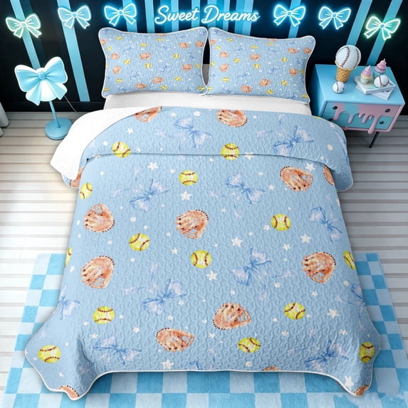 meiyoeat Blue Softball Bow Twin Quilt Set for Girls, Cute Ball Glove Print Twin Coverlet Set, 2-Piece, 1 Comforter and 1 Pillowcase