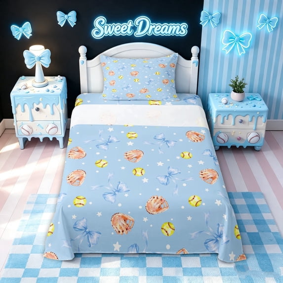 meiyoeat Blue Softball Bow Twin Sheets for Girls, Cute Ball Glove Print Bedding, 3-Piece, 1 Flat Sheet, 1 Fitted Sheet and 1 Pillowcase