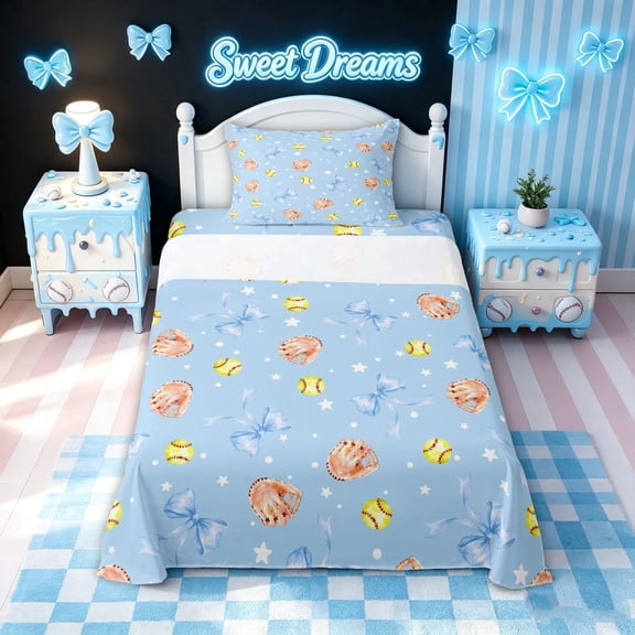 meiyoeat Blue Softball Bow Twin Sheets for Girls, Cute Ball Glove Print Bedding, 3-Piece, 1 Flat Sheet, 1 Fitted Sheet and 1 Pillowcase