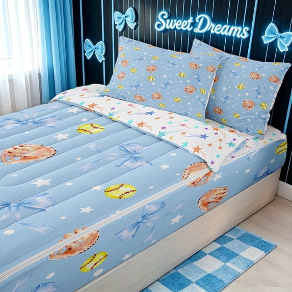 meiyoeat Blue Softball Bow Zipper Twin Comforter Sets with Fitted Sheet and 2 Pillowcases for Girls, Cute Ball Glove Print Zipper Bedding Set, Star Reversible, 4-Piece
