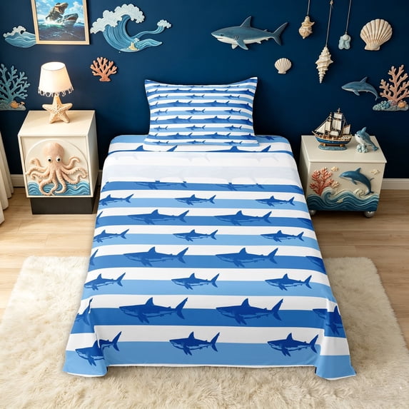 meiyoeat Blue Stripe Ocean Shark Silhouette Twin Sheets for Men Women Boys, Coastal Sea Wildlife Bedding, Blue White, 3pcs, 1 Flat Sheet, 1 Fitted Sheet and 1 Pillowcase