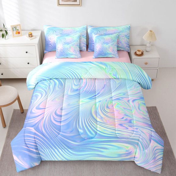 meiyoeat Blue Swirl Background 7-Piece Twin Bedding,Iridescent Abstract Print Bedding Comforter Set For Girl,Reversible