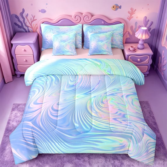 meiyoeat Blue Swirl Background 7-Piece Twin Bedding,Iridescent Abstract Print Bedding Comforter Set For Girl,Reversible
