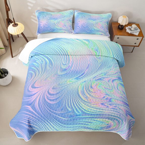 meiyoeat Blue Swirl Background Quilt Full,Iridescent Abstract Print Full Bedspread Sets For Girl,3-Piece