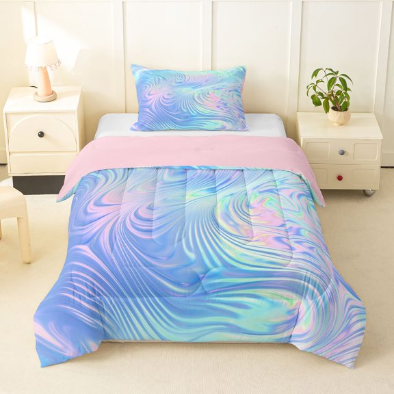 meiyoeat Blue Swirl Background Twin Comforter Sets,Iridescent Abstract Print Bedding Set For Girl,Reversible,2 Pieces,1 Comforter and 1 Pillowcase