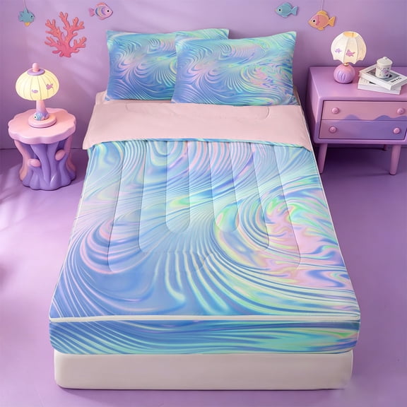 meiyoeat Blue Swirl Background Zipper Full Size Comforter Sets with Fitted Sheet and 2 Pillowcases,Iridescent Abstract Print Zipper Bedding Set For Girl,Reversible,4-Piece