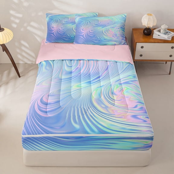 meiyoeat Blue Swirl Background Zipper Twin Comforter Sets with Fitted Sheet and 2 Pillowcases,Iridescent Abstract Print Zipper Bedding Set For Girl,Reversible,4 Pieces