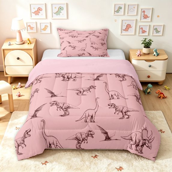 meiyoeat Blush Pink Dinosaur Line Art Twin Comforter Sets for Girls, Prehistoric Animal Bedding Set, Pink Reversible, 2pcs, 1 Comforter and 1 Pillowcase