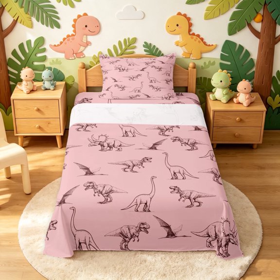 meiyoeat Blush Pink Dinosaur Line Art Twin Sheets for Girls, Prehistoric Animal Bedding, 3pcs, 1 Flat Sheet, 1 Fitted Sheet and 1 Pillowcase