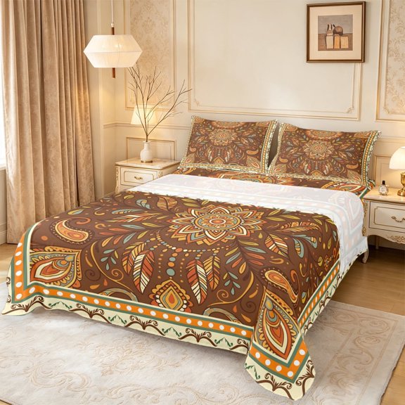 meiyoeat Bohemian Mandala Bed Sheets For Men Women,Dreamcatcher Pattern Full Size Sheets,Brown Orange,4pcs1 Flat Sheet, 1 Fitted Sheet and 2 Pillowcases