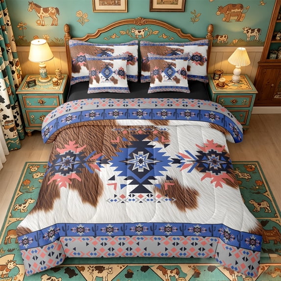 meiyoeat Boho Cowhide 7-Piece Twin Bedding For Boys,Tribal Pattern Bedding Comforter Set,Black Reversible