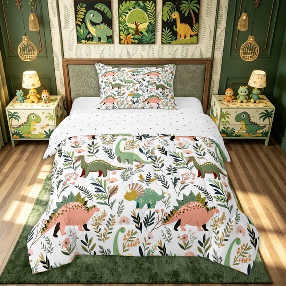 meiyoeat Boho Floral Dinosaur Twin Comforter Sets for Kids Boys Girls, Jungle Botanical Bedding Set, White Green, Reversible, 2 Pieces, 1 Comforter and 1 Pillowcase